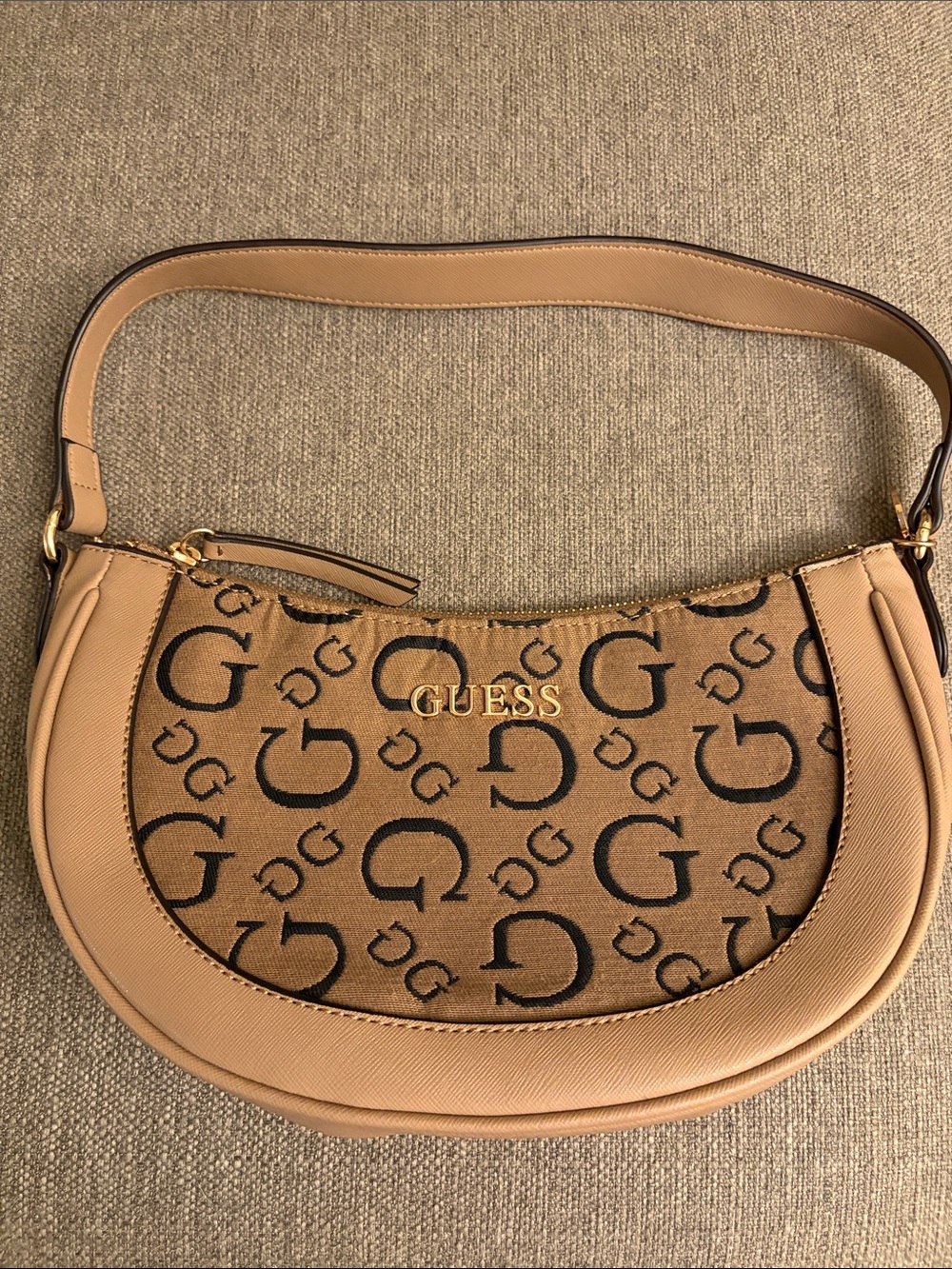 GUESS Brown Tan Logo Crescent Shoulder Bag with Gold Hardware